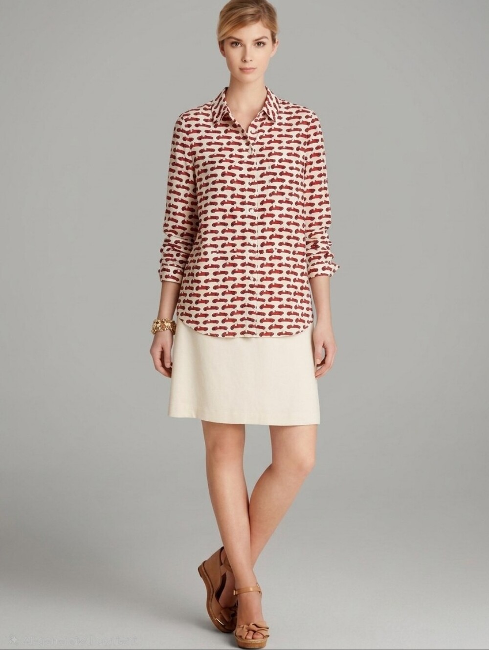 Kate Spade Silk Race Car Graphic Button Down Shirt Blouse Top Red White S